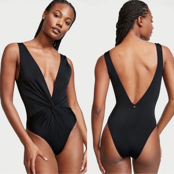 Victoria’s Secret Swim Suit Womens size L Black Twist Plunge One Piece K… - Picture 1 of 5